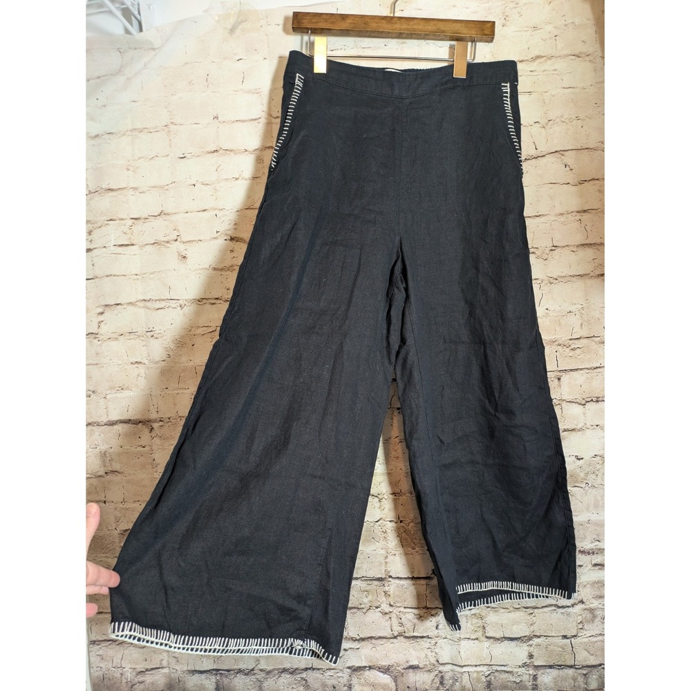 Rachel Zoe Linen Pants Large Black With Ivory Embroidered Trim Wide Leg Ankle